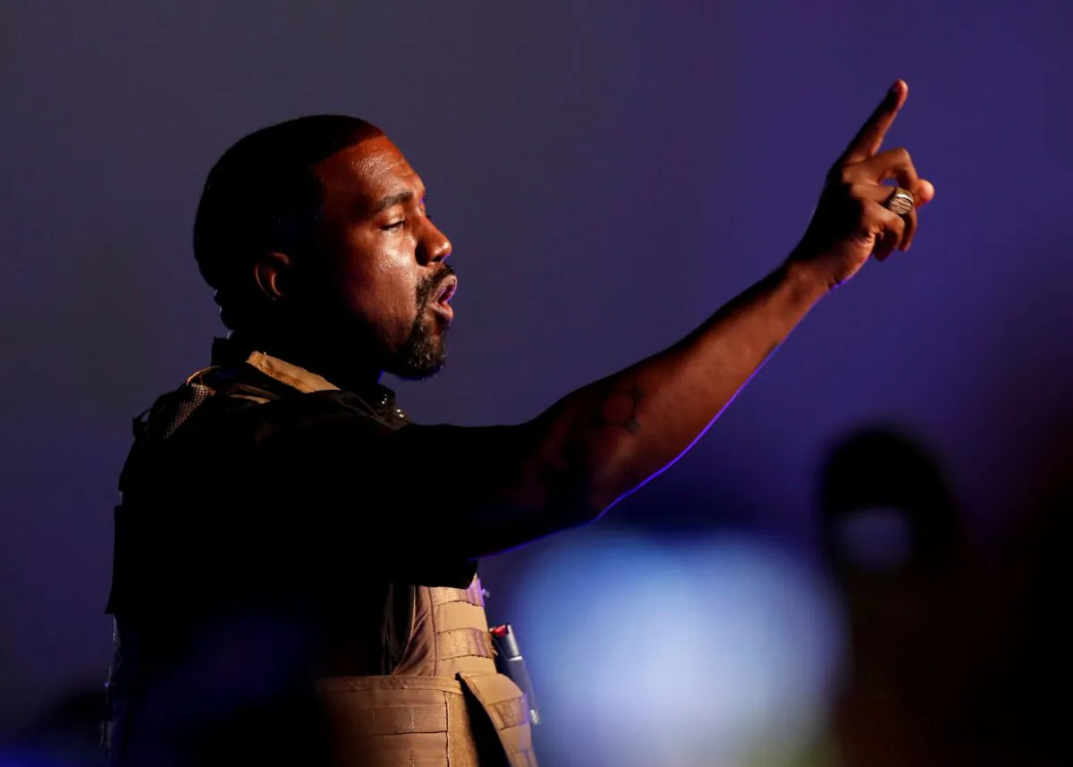 Rapper Kanye West makes a point as he holds his first rally in support of his presidential bid in North Charleston, S.C., on July 19, 2020. (Randall Hill/Reuters)