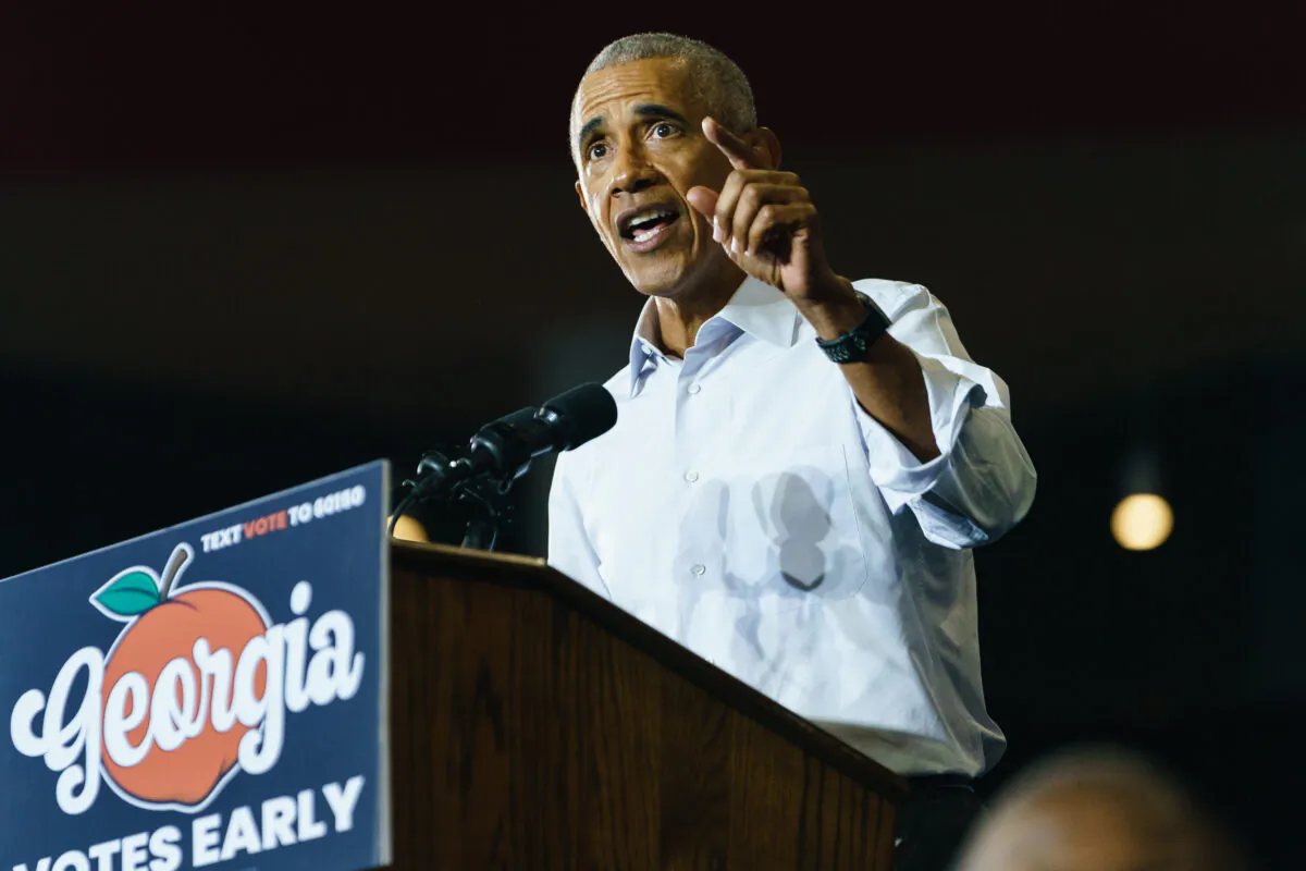 Former President Barack Obama speaks at a campaign event in College Park, Ga., on Oct. 28, 2022, the first of five campaign events on behalf of embattled Democrats in key states, including in Las Vegas, Nev., on Nov. 1. (Elijah Nouvelage/Getty Images)