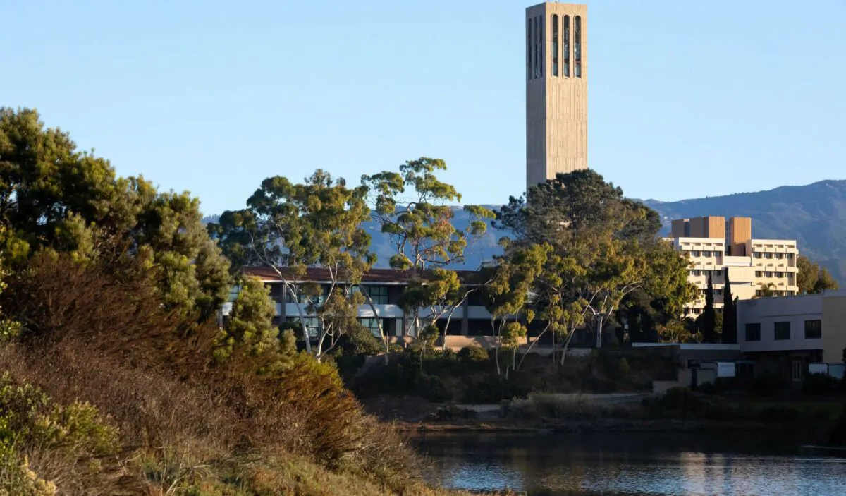 The Storke Tower along the Campus Lagoon, at the University of California Santa Barbara (UCSB), on Nov. 9, 2019. (VDB Photos/Shutterstock)