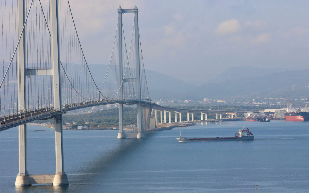 Turkish-flagged cargo ship Polarnet, carrying Ukrainian grain, passes by Osmangazi Bridge entering Gulf of Izmit, Turkey, on Aug. 8, 2022. (Yoruk Isik/Reuters)