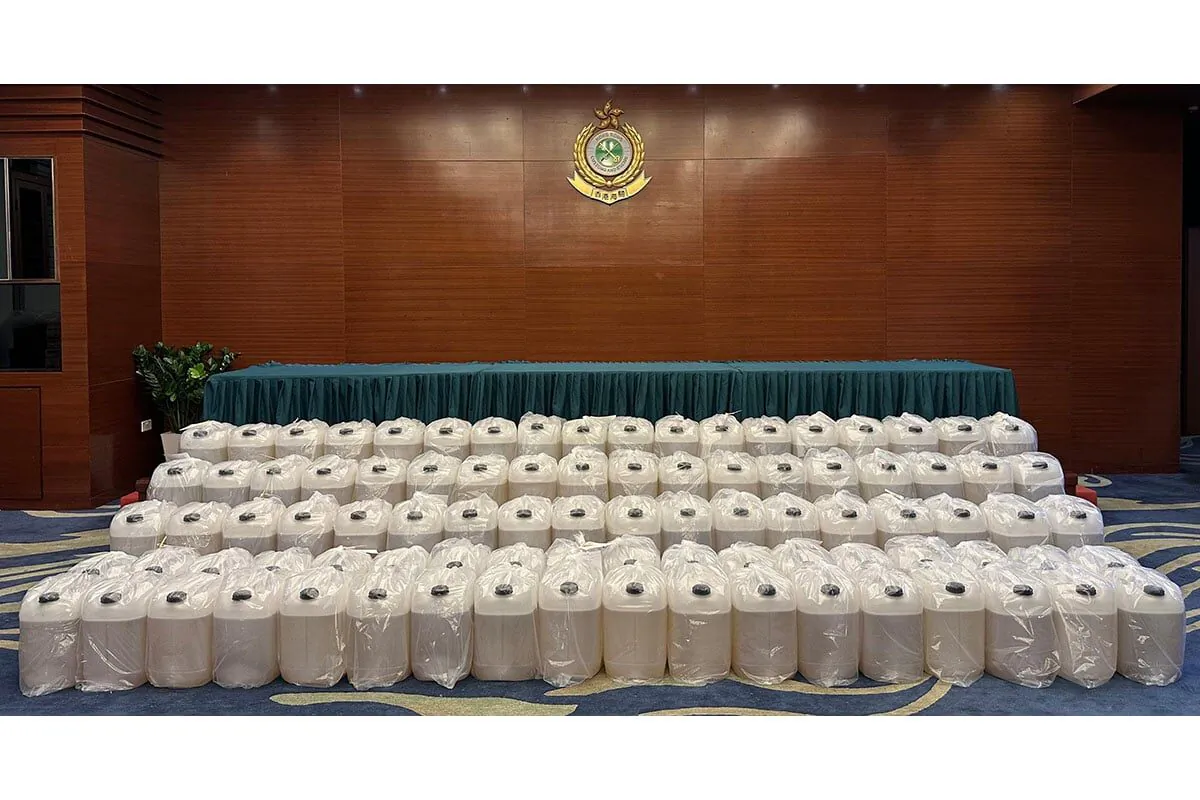HK Customs seized about 1.8 metric tons (2 tons) of suspected high-purity liquid methamphetamine with a market value of about HK$1.1 billion (approx. $140 million) concealed as coconut water shipped to Hong Kong from Mexico. (Courtesy of News.gov.hk)