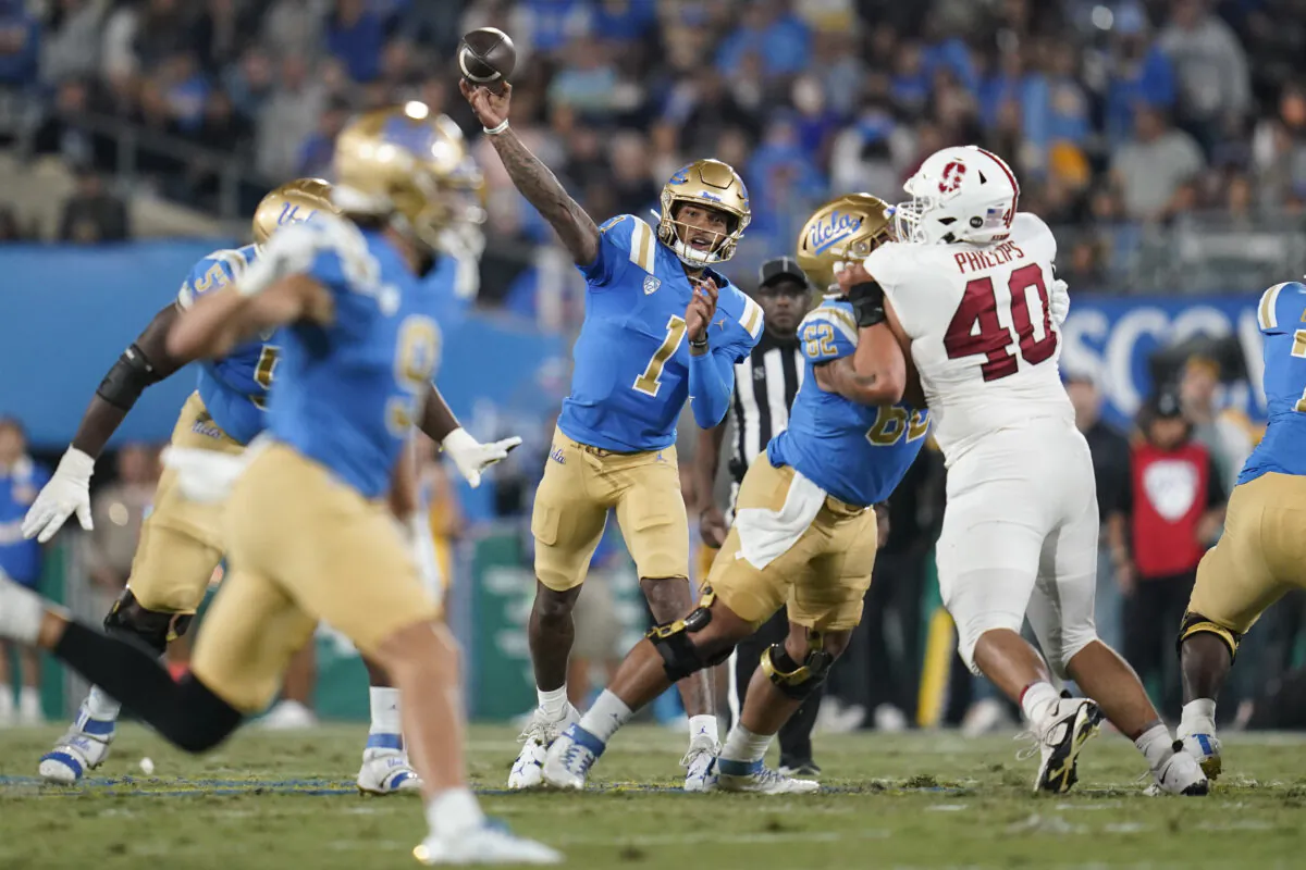 UCLA quarterback Dorian Thompson-Robinson (1) throws during the first half of an NCAA college football game against Stanford in Pasadena, Calif., on Oct. 29, 2022. (Ashley Landis/AP Photo)