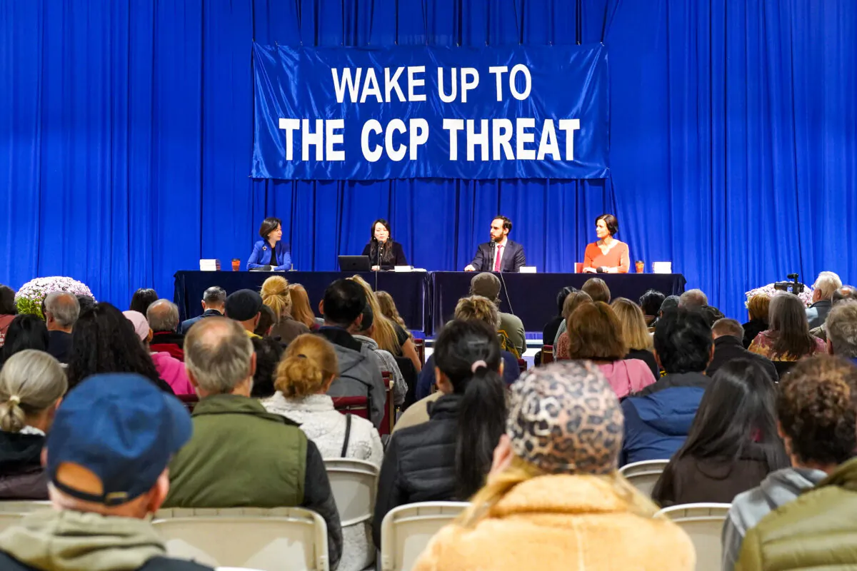 (R-L) Kay Rubacek, Chris Chappell, Simone Gao, and moderator Jenny Chang at the 'Wake Up to the CCP Threat' seminar at the Tri-state Family Christian Center in Deerpark, N.Y., on Oct. 27, 2022. (Cara Ding/The Epoch Times)