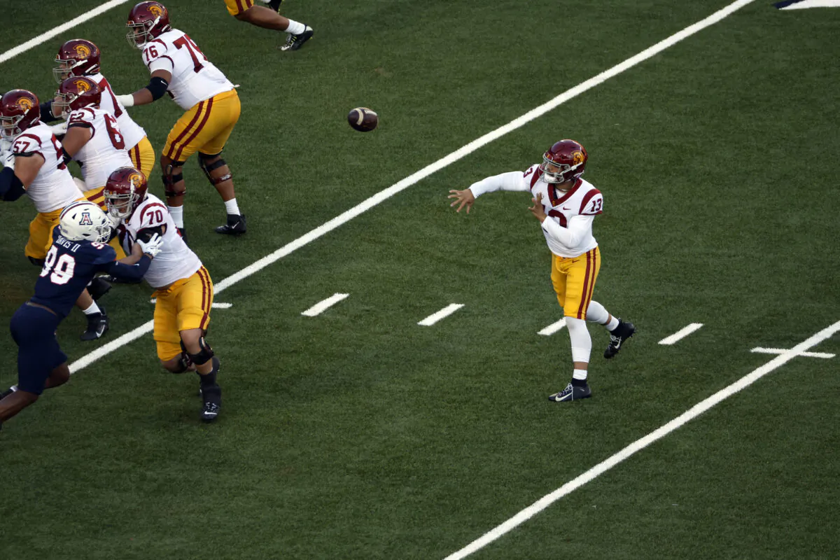 Quarterback Caleb Williams (13) of the USC Trojans throws a pass during the first half against the Arizona Wildcats at Arizona Stadium in Tucson, Ariz., on Oct. 29, 2022. (Chris Coduto/Getty Images)