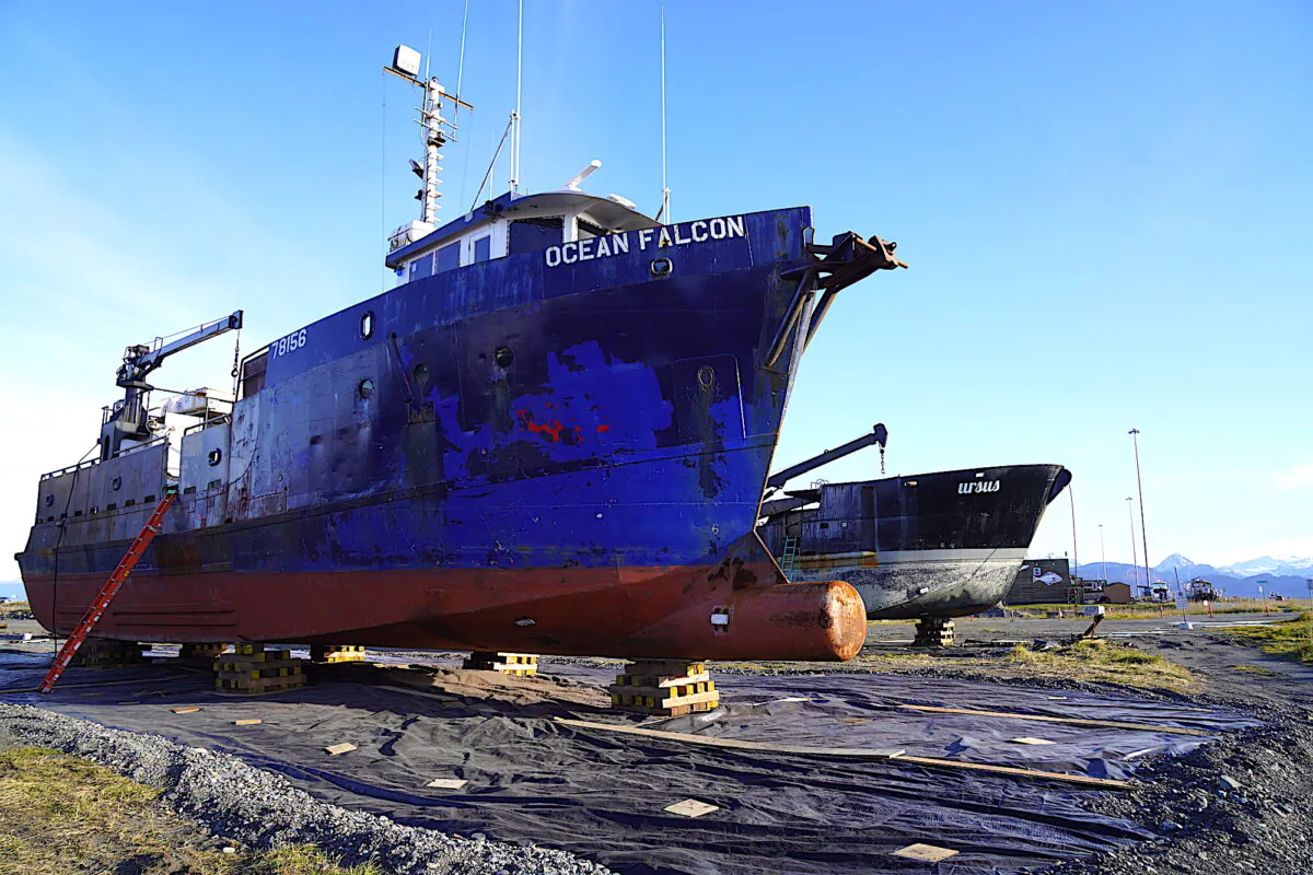 Crab boats sit on blocks waiting for repairs in Homer, Alaska on Oct. 27, 2022. (Allan Stein/The Epoch Times)