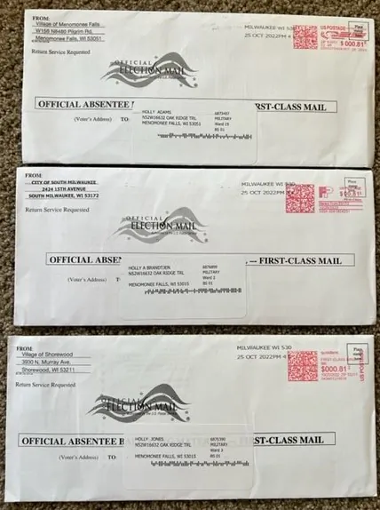 Three military absentee ballots erroneously mailed to a Wisconsin legislator's home in Menominee Falls on Oct. 27, 2022. (Courtesy Janel Brandtjen)