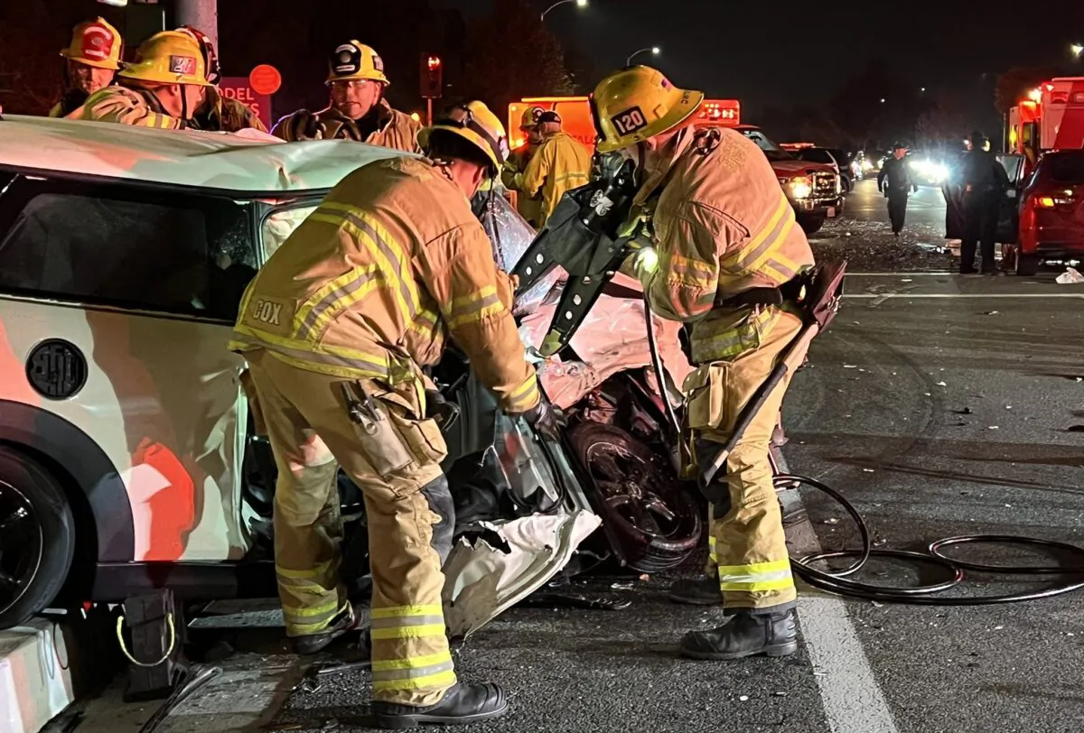 Firefighter paramedics responded to a traffic collision in the intersection of Modjeska and Irvine Blvd involving two vehicles.  (Courtesy of Orange County Fire Authority)