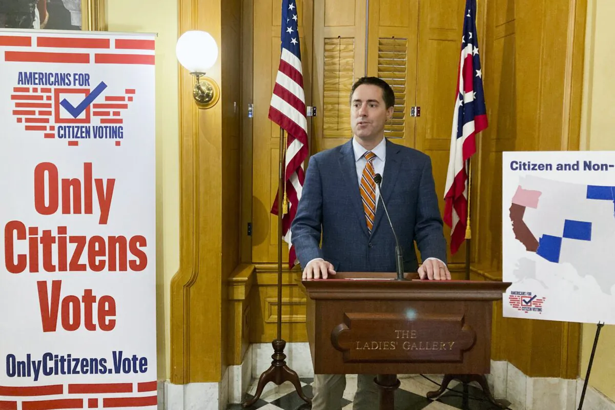 Republican Secretary of State Frank LaRose speaks at the Ohio Statehouse in Columbus, Ohio, on Oct. 6, 2022. (Julie Carr Smyth/AP Photo)