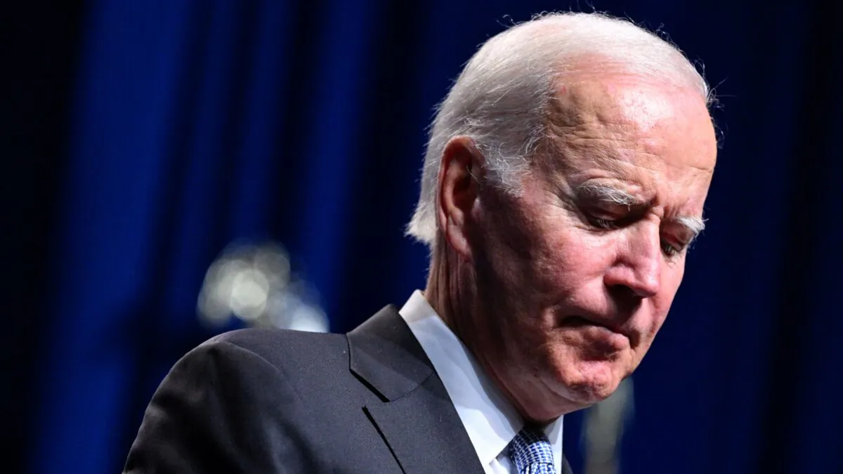 President Joe Biden looks down as he speaks at a reception for the Pennsylvania Democratic Party in Philadelphia, Pennsylvania, on Oct. 28, 2022. (Mandel Ngan/AFP via Getty Images)