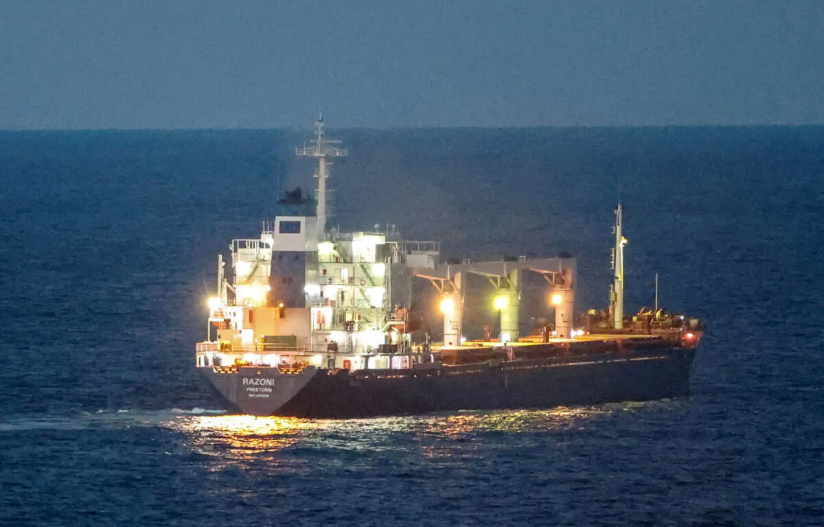 The Sierra Leone-flagged cargo ship Razoni, carrying Ukrainian grain, in the Black Sea off Kilyos, near Istanbul, Turkey, on Aug. 2, 2022. (Yoruk Isik/Reuters)