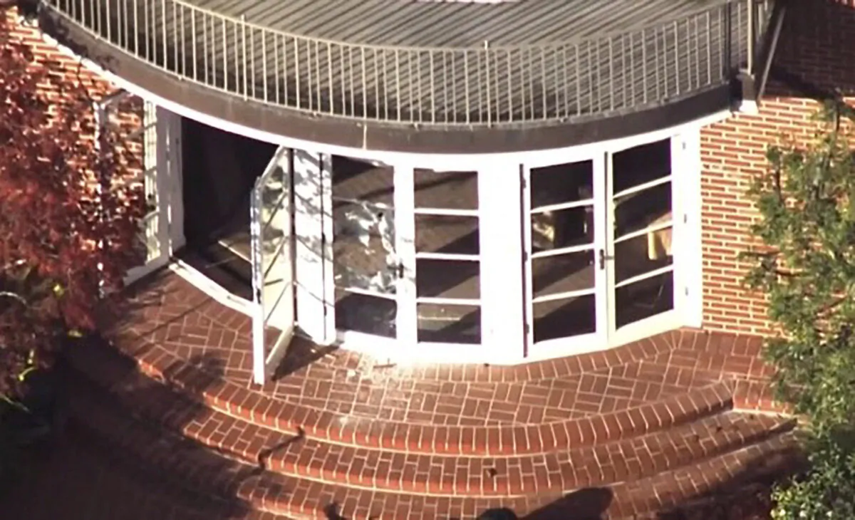 A screen grab taken from video shows damage to the home of U.S. House Speaker Nancy Pelosi after her husband Paul Pelosi was assaulted during a break-in at their house in San Francisco, Calif., on Oct. 28, 2022. (KGO-TV via ABC via Reuters)