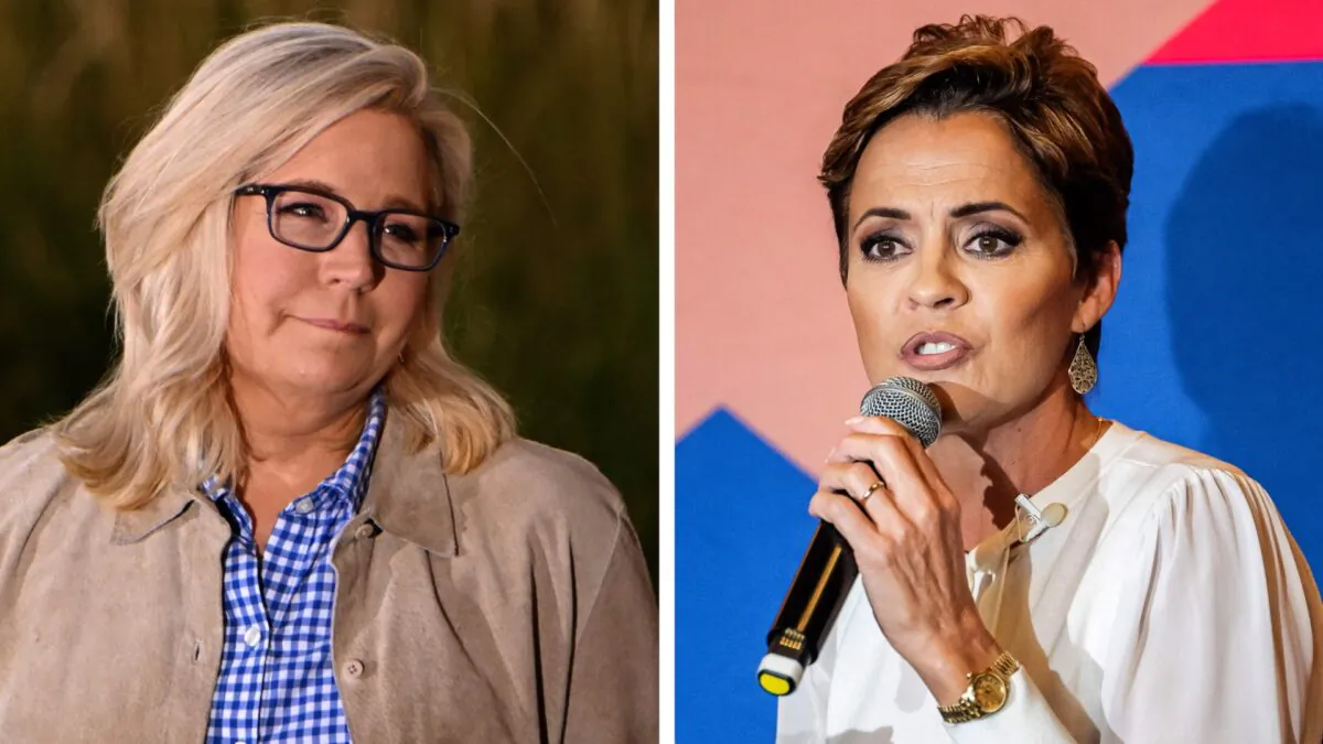 Rep. Liz Cheney (L) looks on before speaking at Mead Ranch in Jackson, Wyoming, on Aug. 16, 2022. (Patrick T. Fallon/AFP via Getty Images); GOP candidate for governor of Arizona Kari Lake answers questions in Peoria, Arizona, on Oct. 26, 2022. (Olivier Touron/AFP via Getty Images)