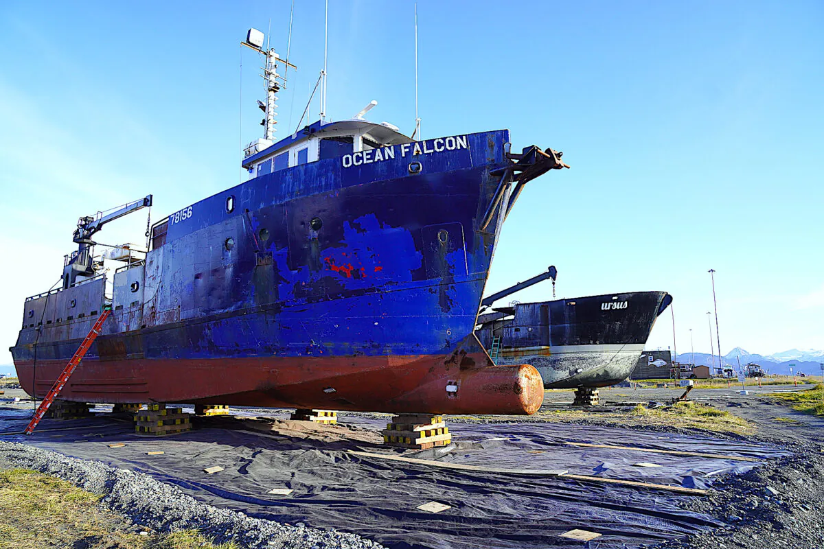 Crab boats sit on blocks waiting for repairs in Homer, Alaska, on Oct. 27, 2022. (Allan Stein/The Epoch Times)