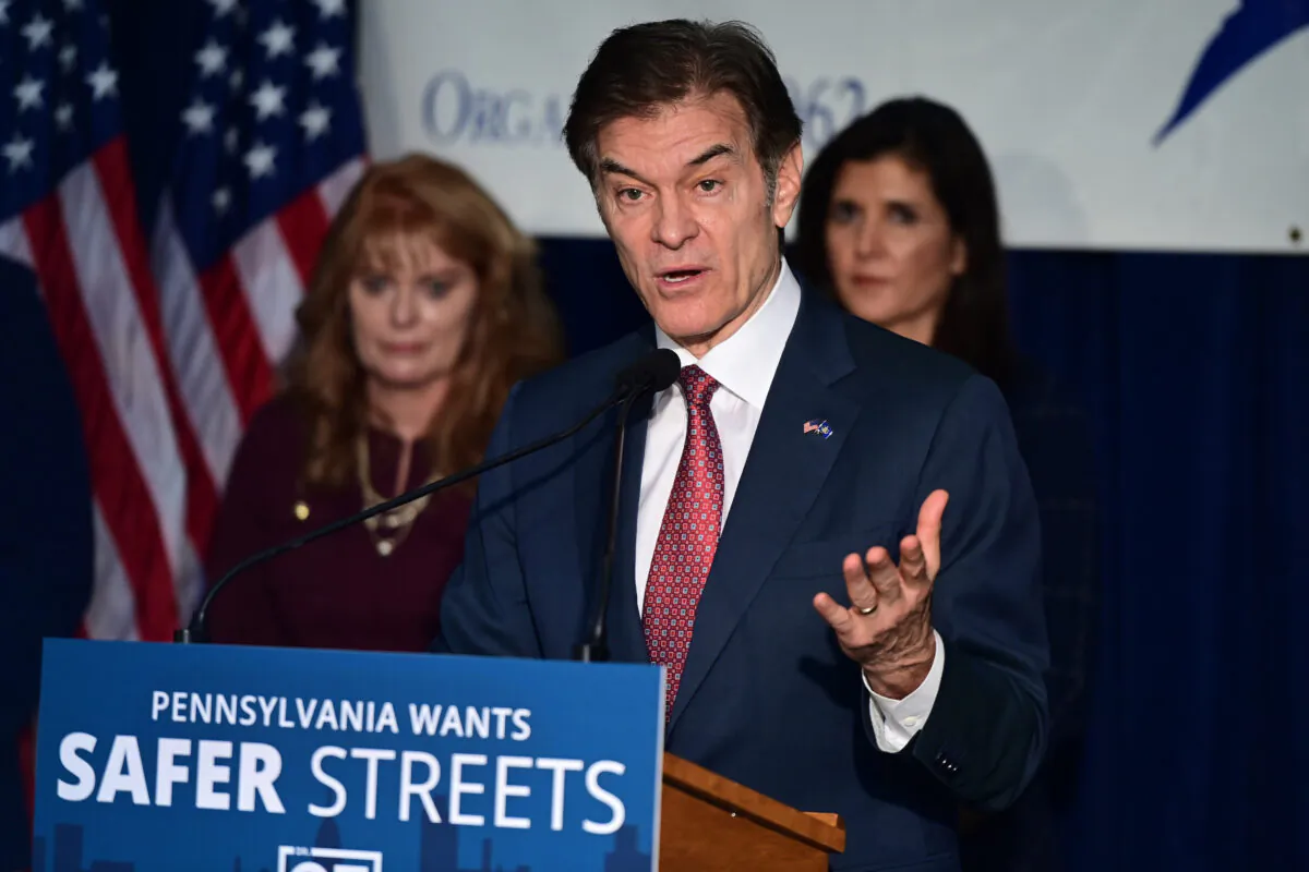 Republican Pennsylvania Senate nominee Dr. Mehmet Oz speaks at an event with former United Nations Ambassador Nikki Haley in Harrisburg, Pa., on Oct. 26, 2022. (Mark Makela/Gettymages)