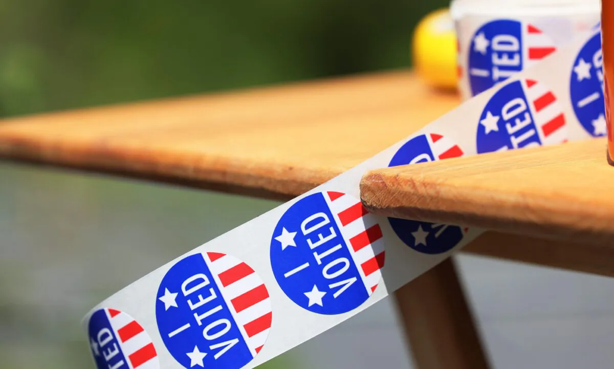 "I Voted" stickers on a table during the Pennsylvania Primary election at St. Thomas United Church of Christ in Harrisburg, Pa., on May 17, 2022. (Michael M. Santiago/Getty Images)