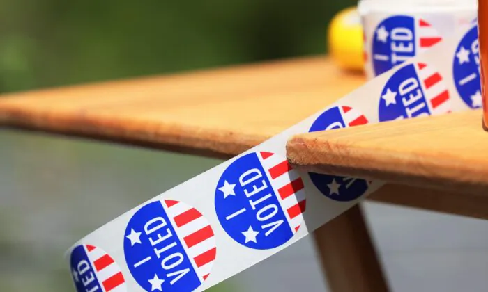 "I Voted" stickers on a table during the Pennsylvania Primary election at St. Thomas United Church of Christ in Harrisburg, Pa., on May 17, 2022. (Michael M. Santiago/Getty Images)