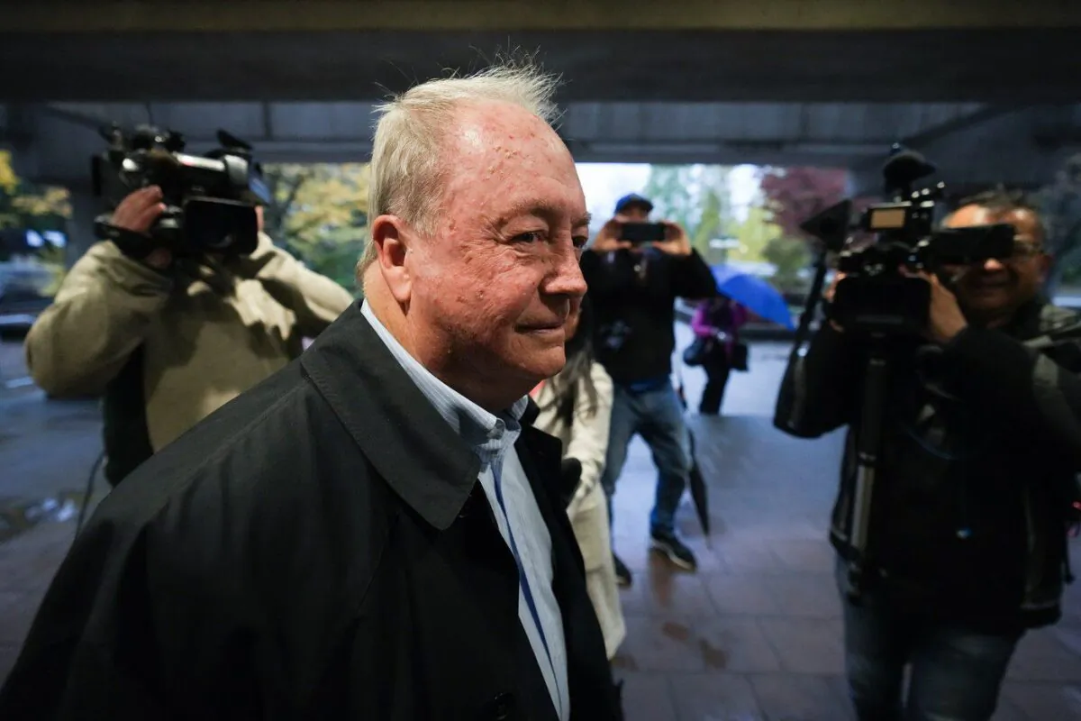 Outgoing Surrey Mayor Doug McCallum, who was defeated in the recent municipal election, arrives at provincial court for the first day of his public mischief trial, in Surrey, B.C., on Oct. 31, 2022. (The Canadian Press/Darryl Dyck)
