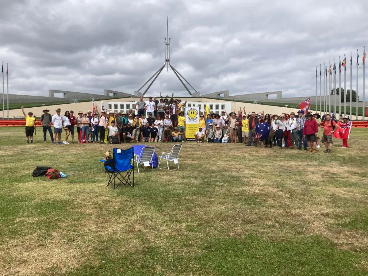 Members of A Stand In The Park gathered in a stand in Canberra on Feb. 13, 2022 (Supplied)