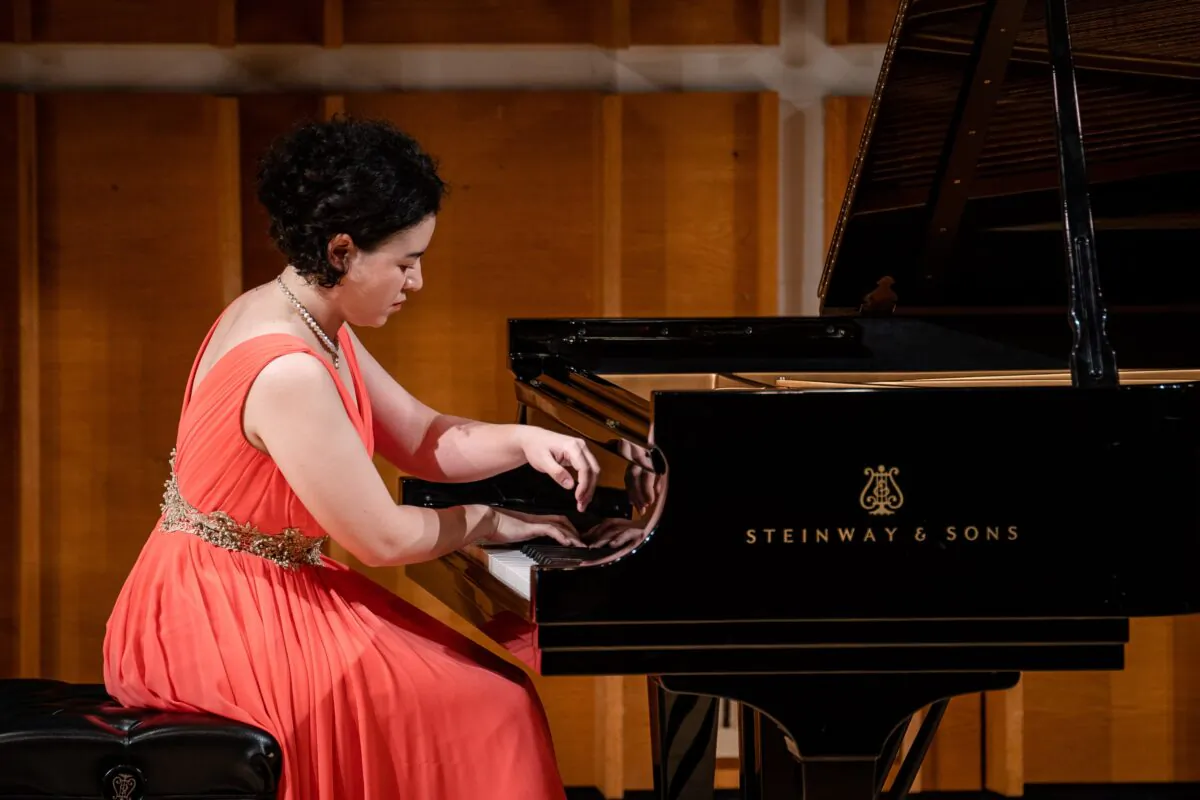 Evangeliya Delizonas-Khukhua from Russia performs during the finals of the 6th NTD International Piano Competition at the Kaufman Music Center in New York City on Nov. 1, 2022. (Samira Bouaou/The Epoch Times)