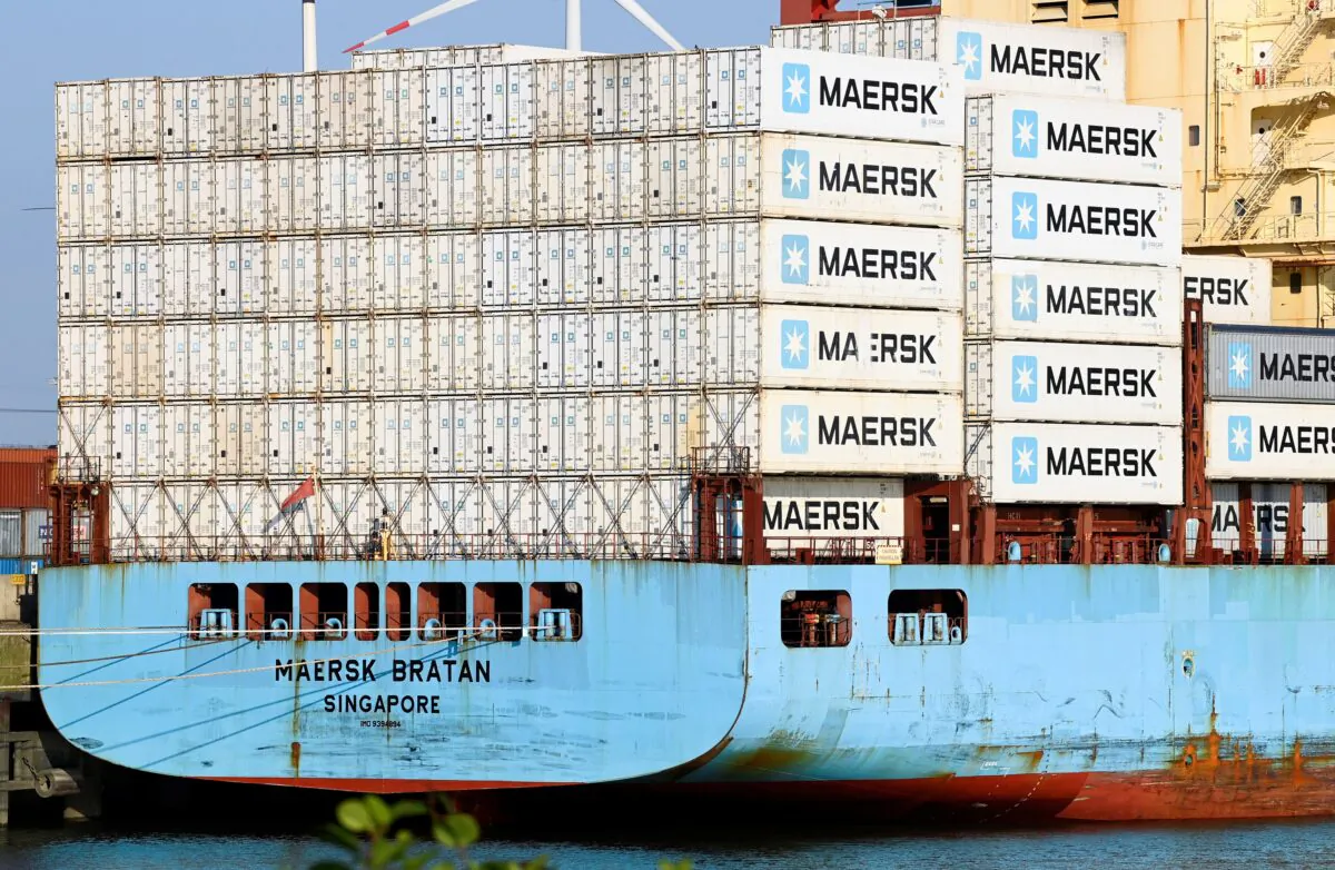 The cargo ship "Maersk Bratan" of the Danish shipping company Maersk is loaded at a container terminal in the harbor in Hamburg, Germany, on June 24, 2022. (Fabian Bimmer/Reuters)