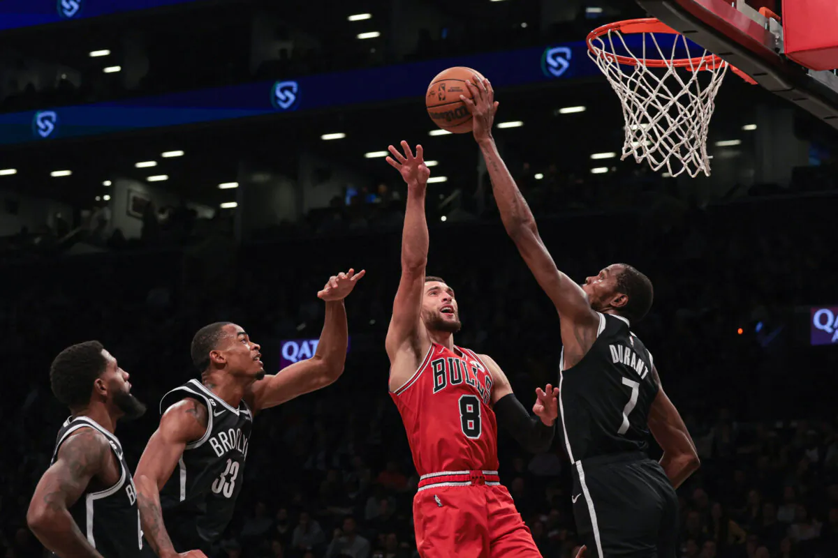 Brooklyn Nets forward Kevin Durant (7) blocks a shot by Chicago Bulls guard Zach LaVine (8) during the second half at Barclays Center in Brooklyn, New York, on Nov. 1, 2022. (Vincent Carchietta-USA TODAY Sports via Reuters)