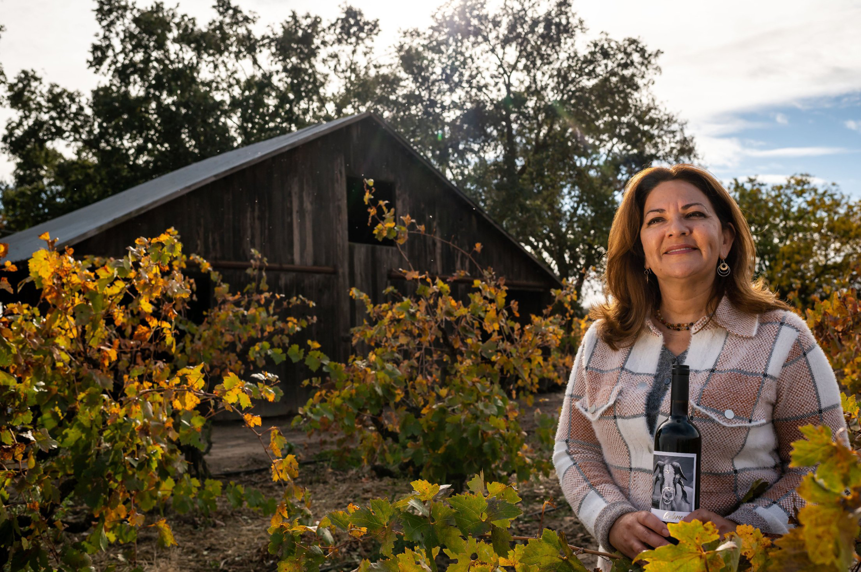 Paskett Vineyards & Winery owner Lorraine Paskett is photographed with a bottle of Cabrona, a Bordeaux-style blend, at her vineyards
