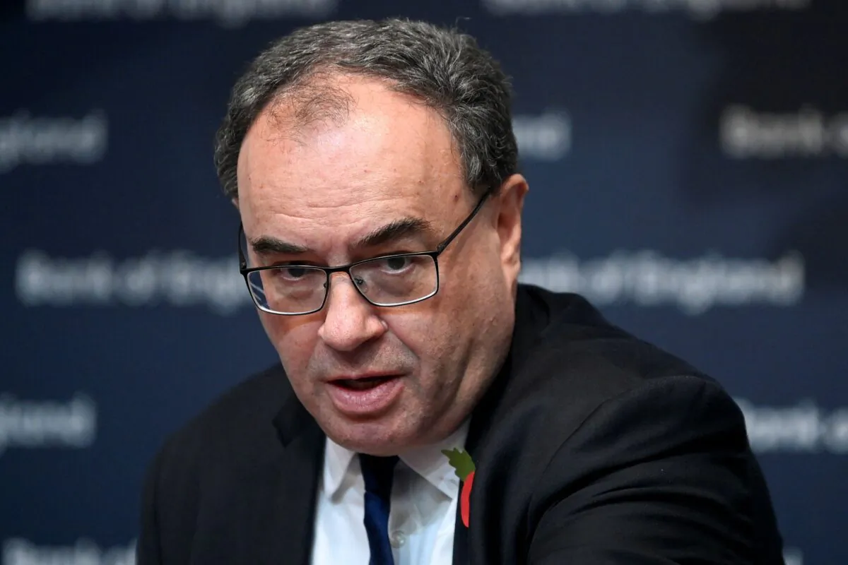 Governor of the Bank of England Andrew Bailey addresses the media on the Monetary Policy Report at the Bank of England, in London, on Nov. 3, 2022. (Toby Melville/Pool/AFP via Getty Images)