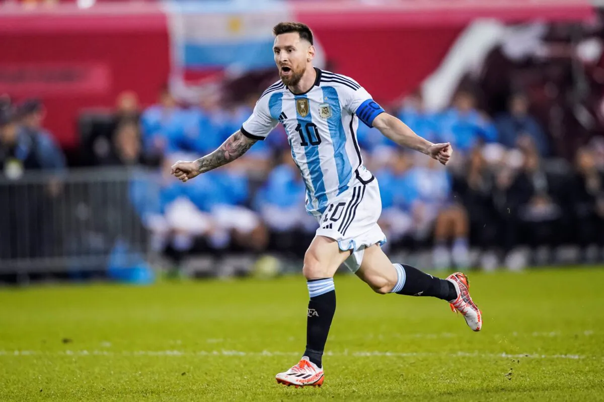 Argentina's player Lionel Messi celebrates his goal during the second half of an international friendly soccer match against Jamaica in Harrison, N.J., on Sept. 27, 2022. (Eduardo Munoz Alvarez/AP Photo)