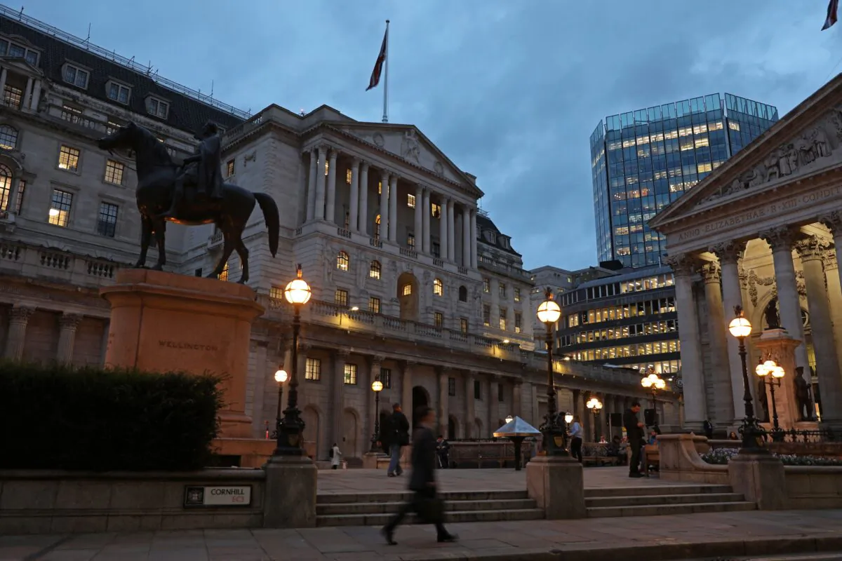 The Bank of England, Britain's central bank, is pictured at dusk in the City of London on Nov. 2, 2022. (Isabel Infantes/AFP via Getty Images)