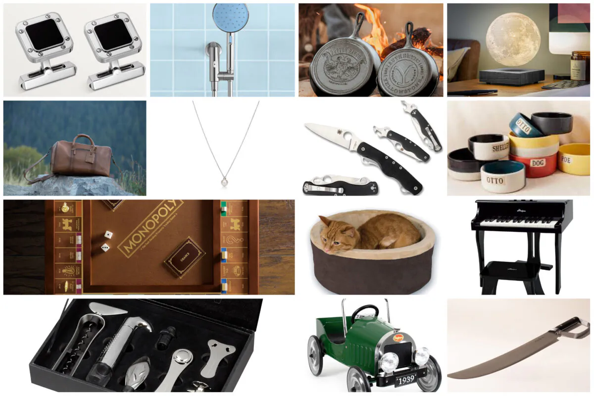 (Courtesy of Spyderco, Made-In, Kodiak Leather, Cartier, Tiffany, Ginko, L' Atelier du Vin Oeno, Hai, WS Game Company, Lodge Cast Iron, Dillard's, FAO Schwarz, Style Union Home, K&H)