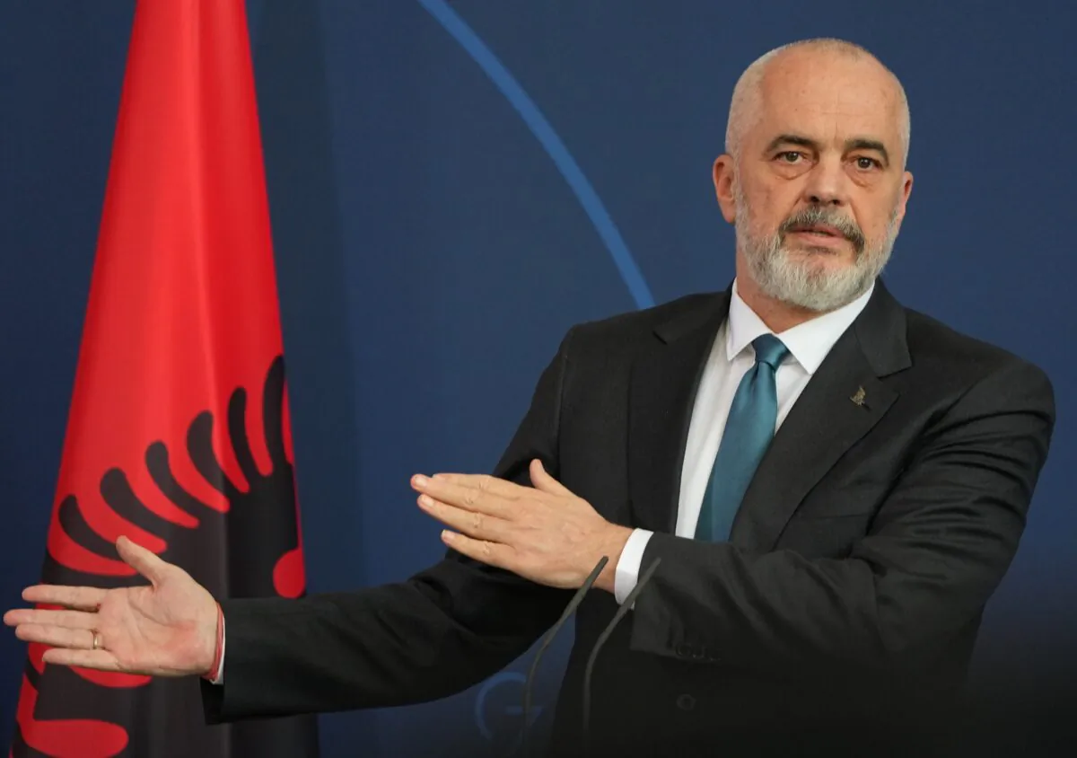 Edi Rama, prime minister of Albania, speaks with German Chancellor Scholz during a joint press conference in the Federal Chancellery, in Berlin, on April 11, 2022. (Soeren Stache - Pool/Getty Images)