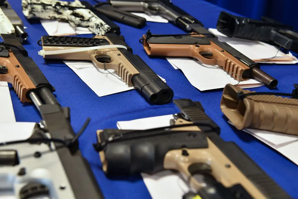 “Ghost guns” seized in federal law enforcement actions displayed at the Bureau of Alcohol, Tobacco, Firearms, and Explosives field office in Glendale, Calif., on April 18, 2022, in this file photo. (Robyn Beck/AFP via Getty Images)
