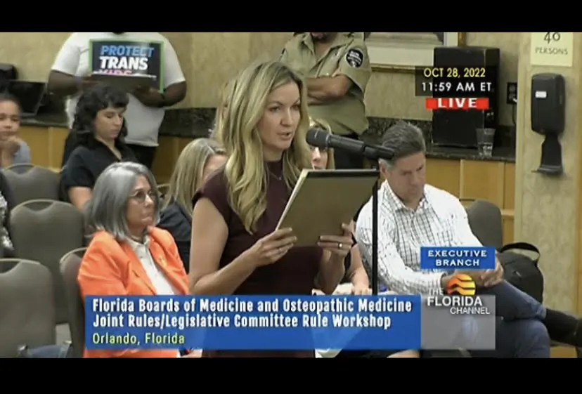 Florida mother January Littlejohn provides testimony before the Florida Boards of Medicine and Osteopathic Joint Rules/Legislative Committee Rule Workshop in Orlando, Fla., on Oct. 28, 2022. (Courtesy of January Littlejohn)