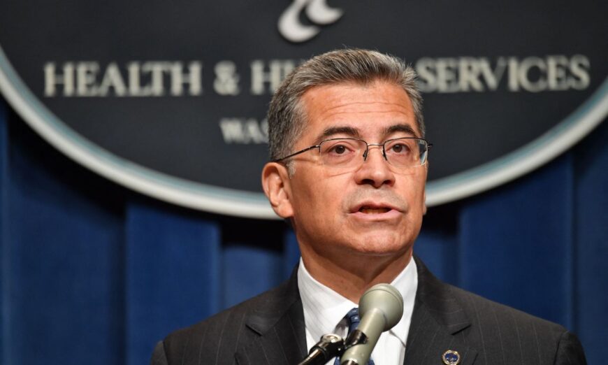 Xavier Becerra, secretary of Health and Human Services (HHS), speaks during a press conference at the HHS headquarters in Washington, on June 28, 2022. (Nicholas Kamm/AFP via Getty Images)