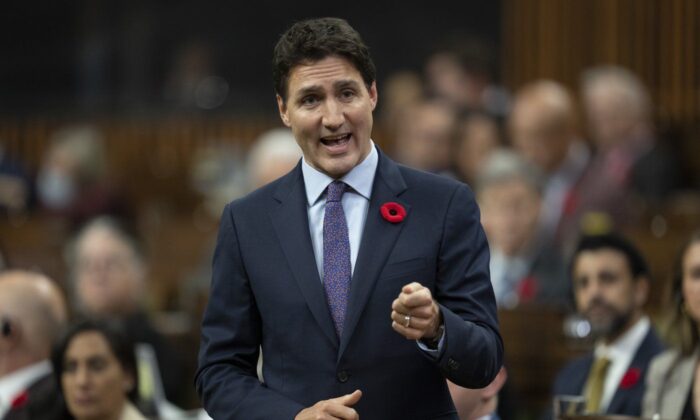 Canadian Prime Minister Justin Trudeau responds to a question from the opposition during Question Period in Ottawa on Nov. 2, 2022. (Adrian Wyld/The Canadian Press)