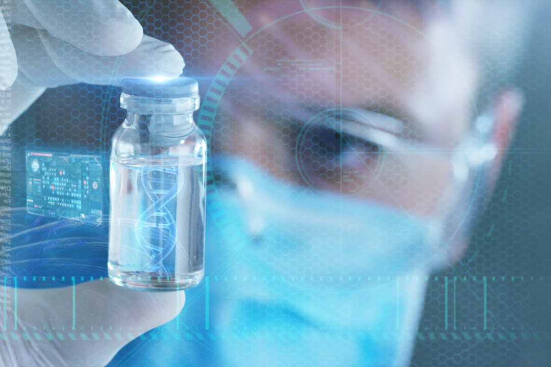 A futuristic doctor with syringe picks up the DNA from a test tube and appears a hologram of a patient's DNA. Concept: Futuristic medicine, medical care, future, dna, kinship, family