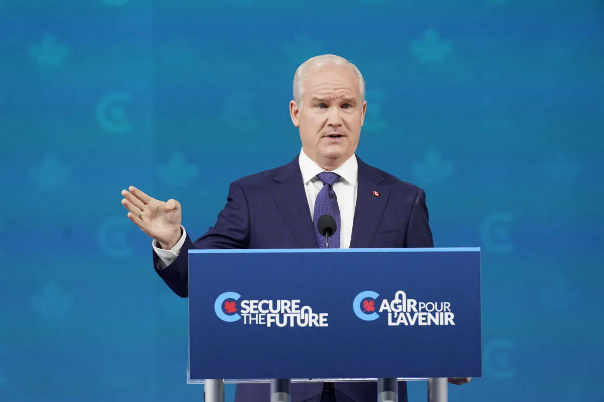 Conservative Leader Erin O'Toole gives his concession speech at his election night headquarters during the Canadian federal election in Oshawa, Ont., on Sept. 21, 2021. (Adrian Wyld/The Canadian Press)