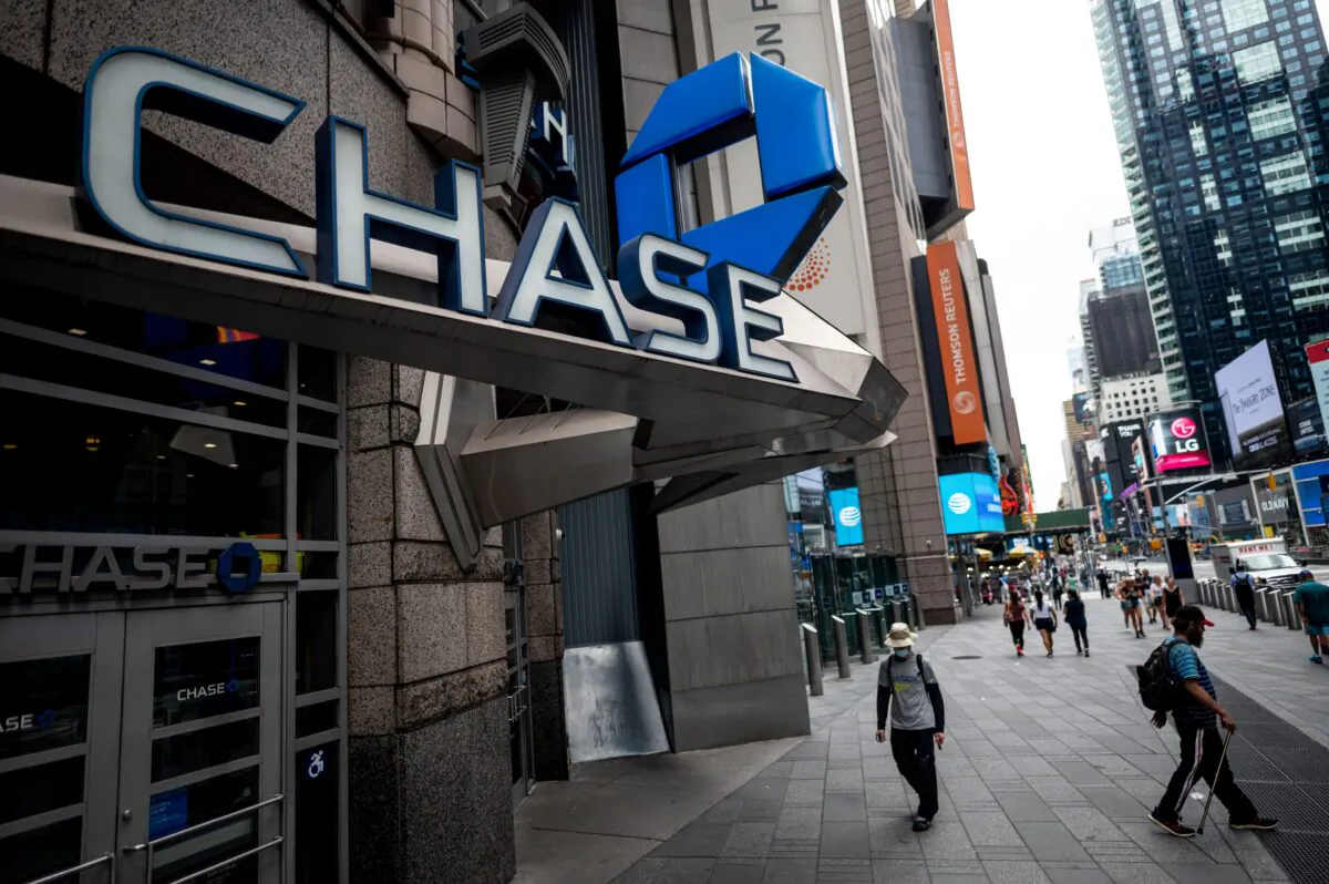 The logo of Chase Bank is seen in a branch near Times Square in New York on June 30, 2020. (Johannes Eisele/AFP via Getty Images)