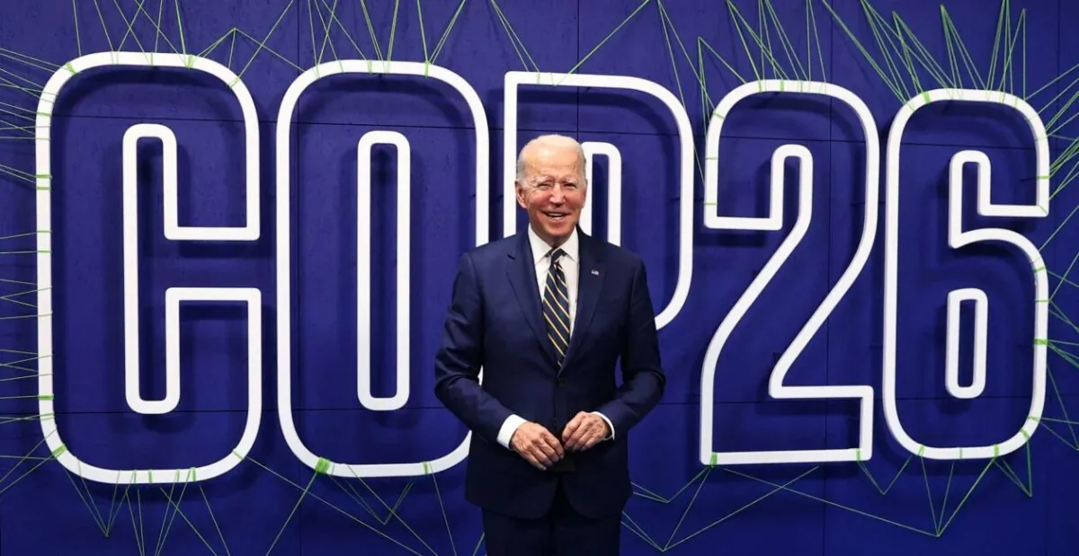 President Joe Biden arrives for the COP26 U.N. Climate Summit in Glasgow, Scotland, on Nov. 1, 2021. More than 120 world leaders met in what they apocalyptically called a “last, best hope” to tackle the climate crisis and avert a looming global disaster. COP27 opens Sunday in Egypt. (Adrian Dennis/ AFP/Getty Images)