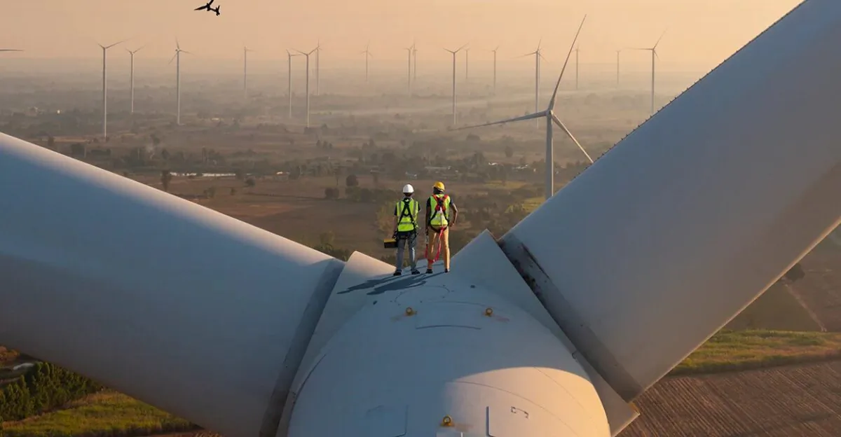 Fossil fuels help people live longer, travel farther, drink cleaner water, and breathe cleaner air. Yet governments work to outlaw them as the green agenda ignores these benefits. Pictured: Technicians work on wind turbine blades. (Witthaya Prasongsin/Getty Images)