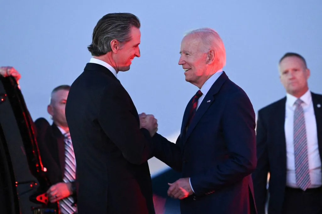 President Joe Biden is greeted by California Gov. Gavin Newsom as he disembarks from Air Force One upon arrival at Marine Corps Air Station Miramar in San Diego, on Nov. 3, 2022. (Saul Loeb/AFP via Getty Images)