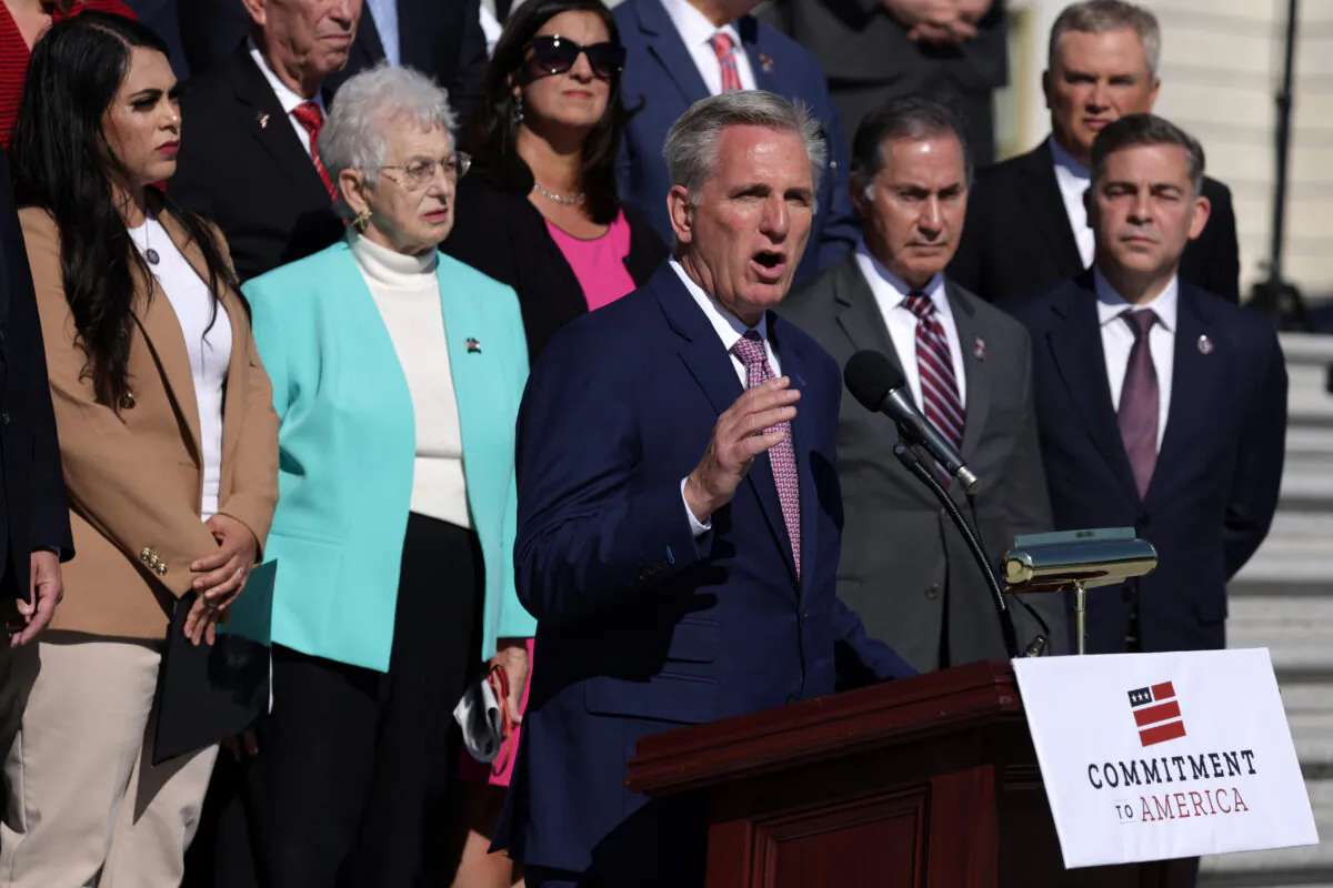 U.S. House Minority Leader Rep. Kevin McCarthy (R-Calif.) speaks at the East Steps of the U.S. Capitol in Washington on Sept. 29, 2022. (Alex Wong/Getty Images)