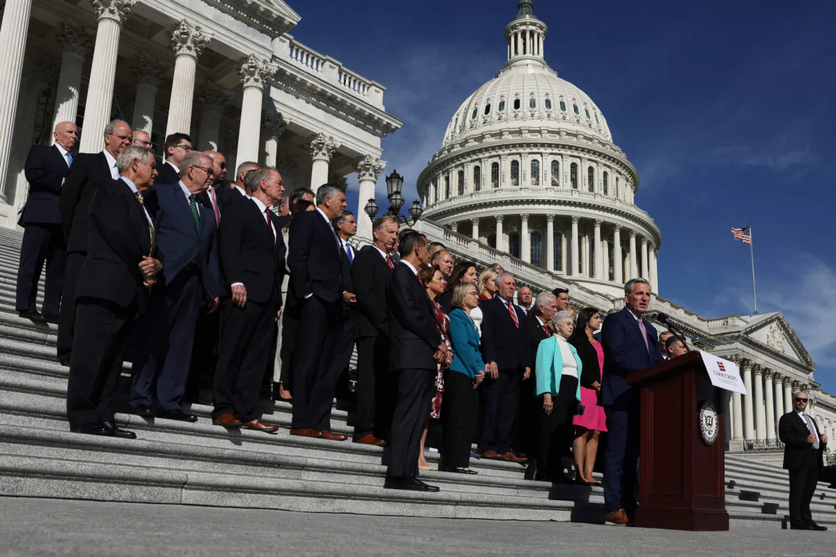 U.S. House Minority Leader Rep. Kevin McCarthy (R-Calif.) (R) speaks as other House Republicans listen during a news conference at the East Steps of the U.S. Capitol on Sept. 29, 2022 in Washington, D.C. House Republicans held a news conference on "House Republican's Commitment to America." (Alex Wong/Getty Images)