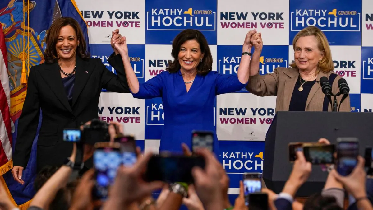 Vice President Kamala Harris (L), New York Gov. Kathy Hochul (C), and former Secretary of State Hillary Clinton (R) stand on stage during a "Get Out the Vote" rally at Manhattan's Barnard College in New York on Nov. 3, 2022. (Timonthy A. Clary/AFP via Getty Images)