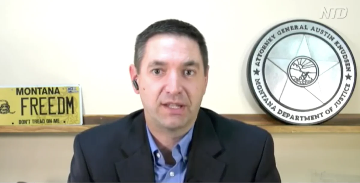 Montana Attorney General Austin Knudsen in an interview on the "Newsmakers" program on Nov. 3, 2022, in a still from video. (NTD)