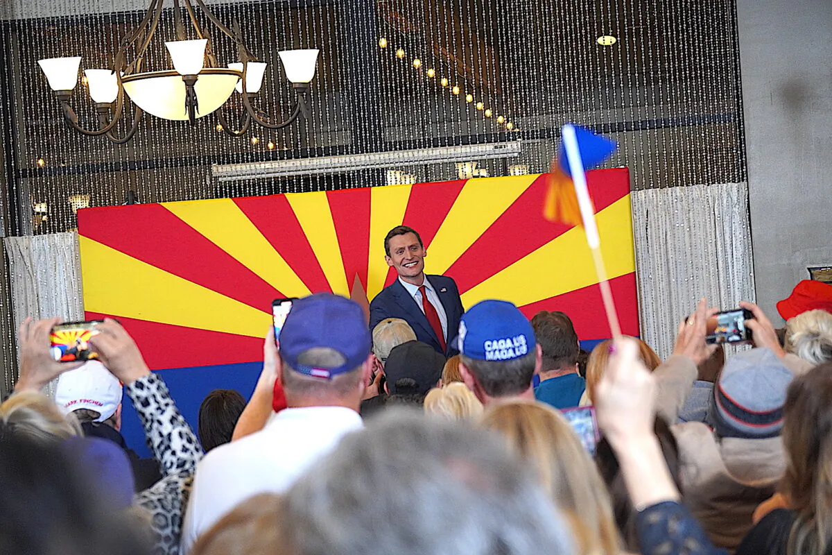 Republican U.S. Senate candidate Blake Masters addresses voters at a rally in Phoenix, Ariz., on Nov. 3. The rally included appearances with Trump-endorsed candidates: Kari Lake for Arizona governor, Mark Finchem for Secretary of State, Abe Hamadeh for attorney general, and Kelly Cooper for U.S. House of Representatives. (Allan Stein/The Epoch Times)