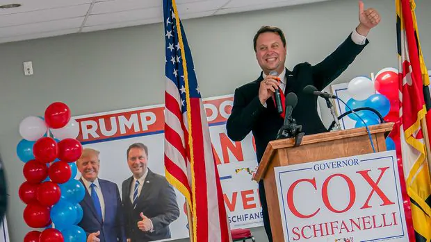 Republican gubernatorial candidate Dan Cox reacts to his primary win on July 19, 2022, in Emmitsburg, Maryland. (Nathan Howard/Getty Images)