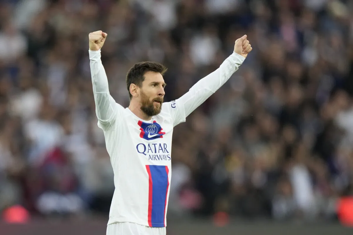 PSG's Lionel Messi scores his side's second goal during the French League One soccer match between Paris Saint-Germain and Troyes at the Parc des Princes in Paris, France, on Oct. 29, 2022. (Francois Mori/AP Photo)