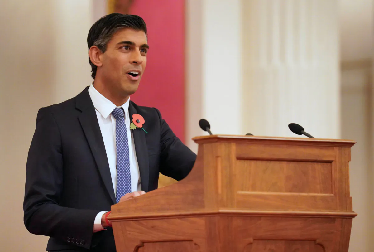 Prime Minister Rishi Sunak delivers a speech during a reception for world leaders, business figures, environmentalists, and NGOs, hosted by King Charles III ahead of the Cop27 Summit at Buckingham Palace, London, on Nov. 4, 2022. (Jonathan Brady/PA Media)