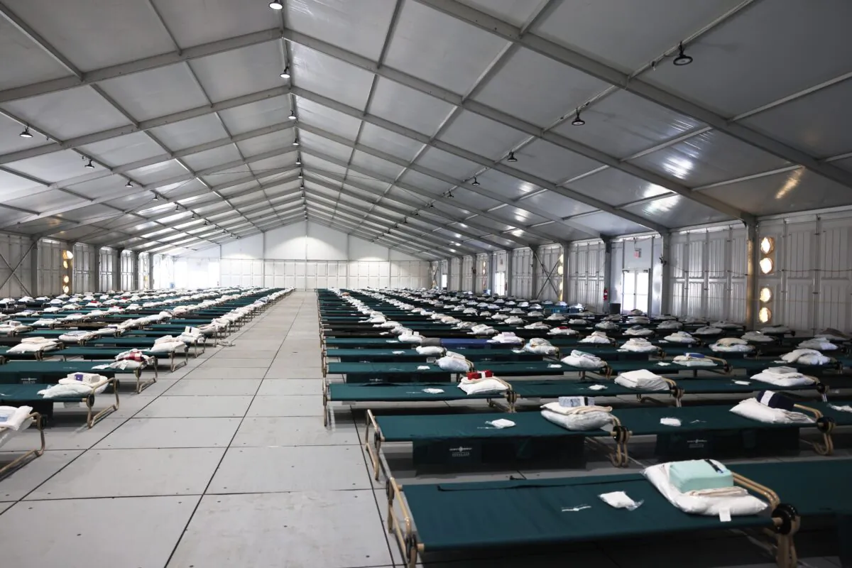 Beds in the dormitory during a tour of the Randall's Island Humanitarian Emergency Response and Relief Center in New York on Oct. 18, 2022. (Michael M. Santiago/Getty Images)